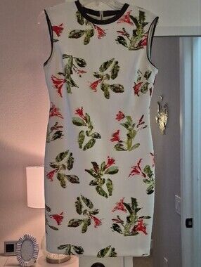 Lark & Ro White Floral Top with Black Leather Trim and Red-Green Print